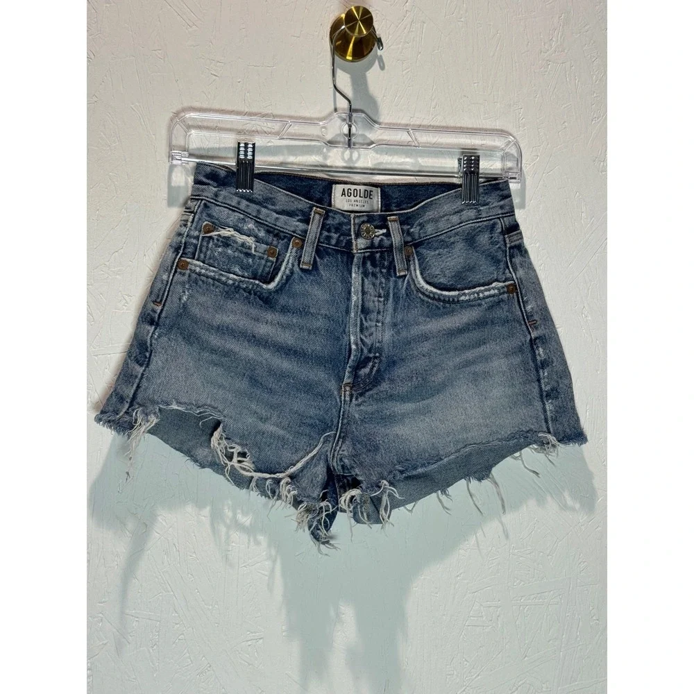 Agolde Parker Vintage Cut Off Denim Shorts Medium Wash Blue Distressed Size 25